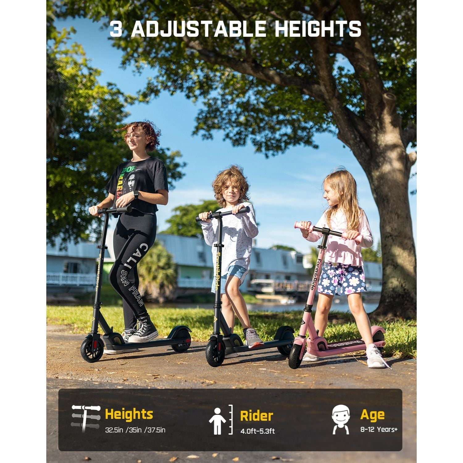 Pink FanttikRide C9 electric scooter with adjustable handlebars, suitable for kids ages 8-12, 4.0-5.3ft tall.