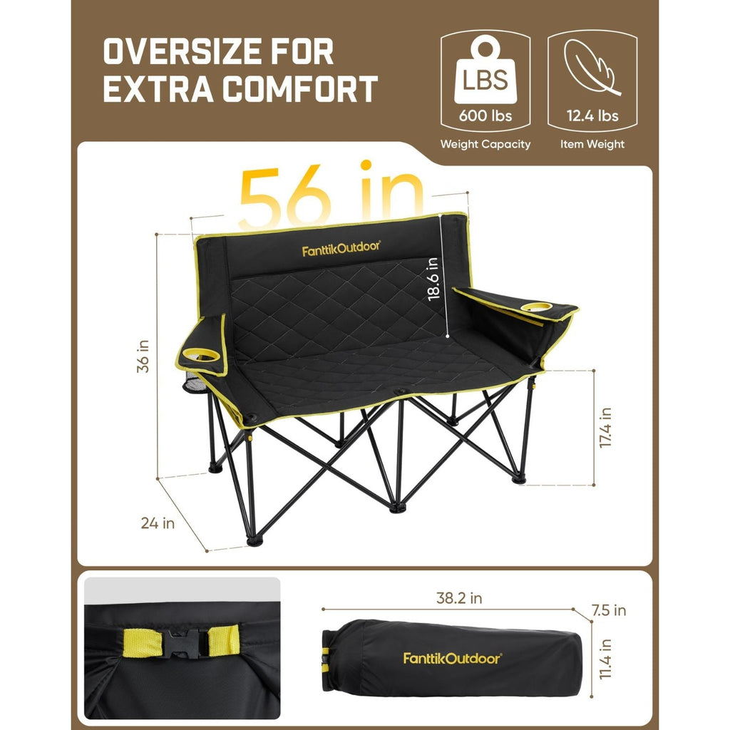 FanttikOutdoor Zeta L11 Duo Pro double camping chair, black with yellow trim, 600 lb capacity
