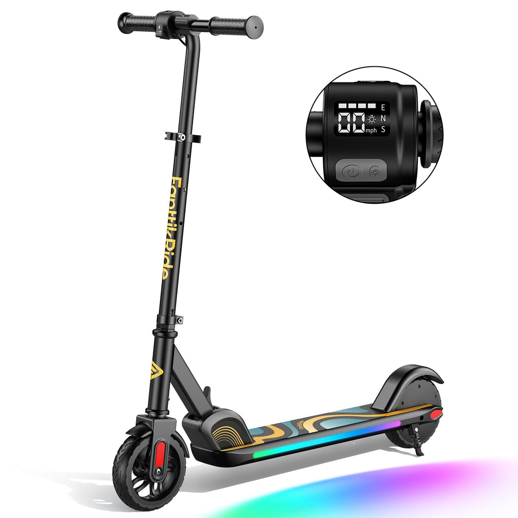 FanttikRide C9 Pro electric scooter for kids, black, with LED lights and handlebar display showing speed and battery.