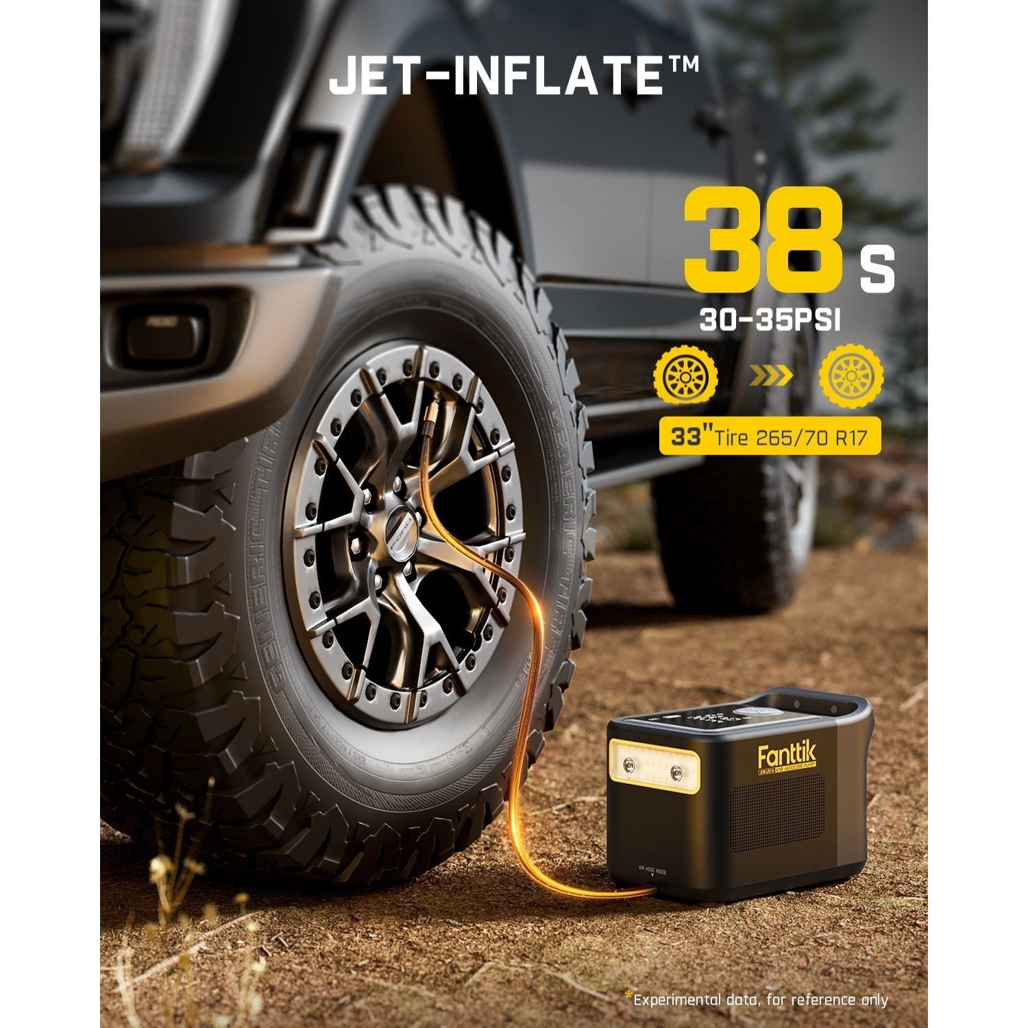 Fanttik X9 Ultra tire inflator connected to a 33" truck tire, inflating in 38 seconds from 30-35 PSI.