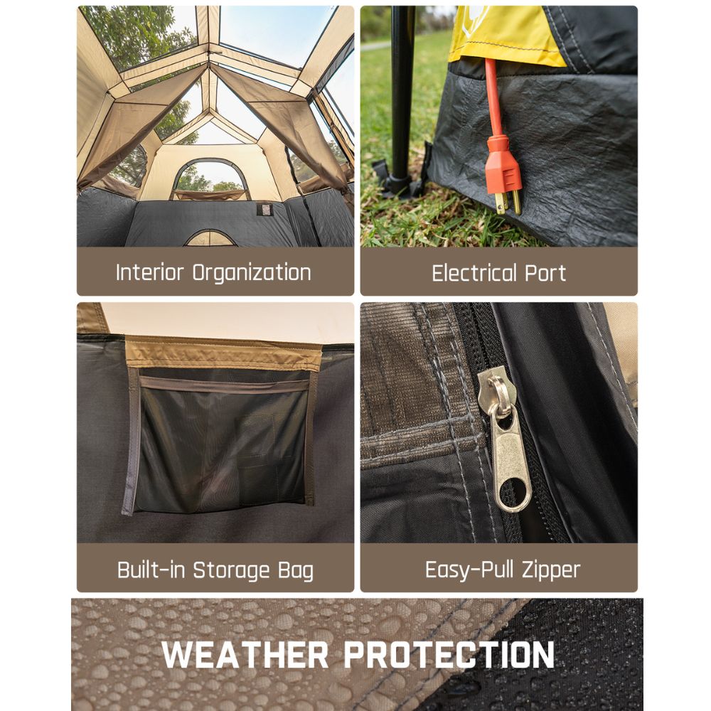 FanttikOutdoor Zeta C8 Pro Max tent: interior, electrical port, storage, zipper, and weather protection.