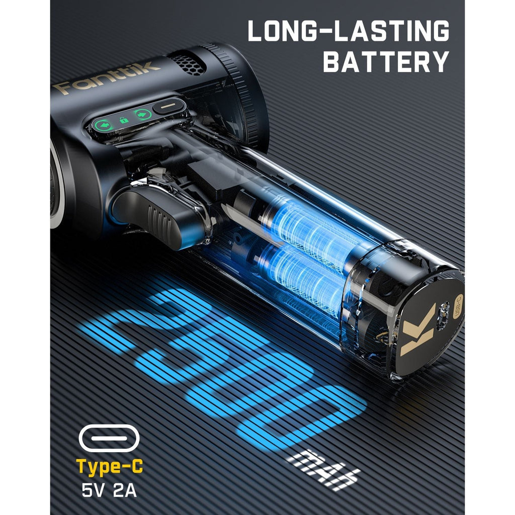 Fanttik K2 Ultra cordless power drill with visible 2500mAh battery and Type-C charging. Long-lasting battery power.