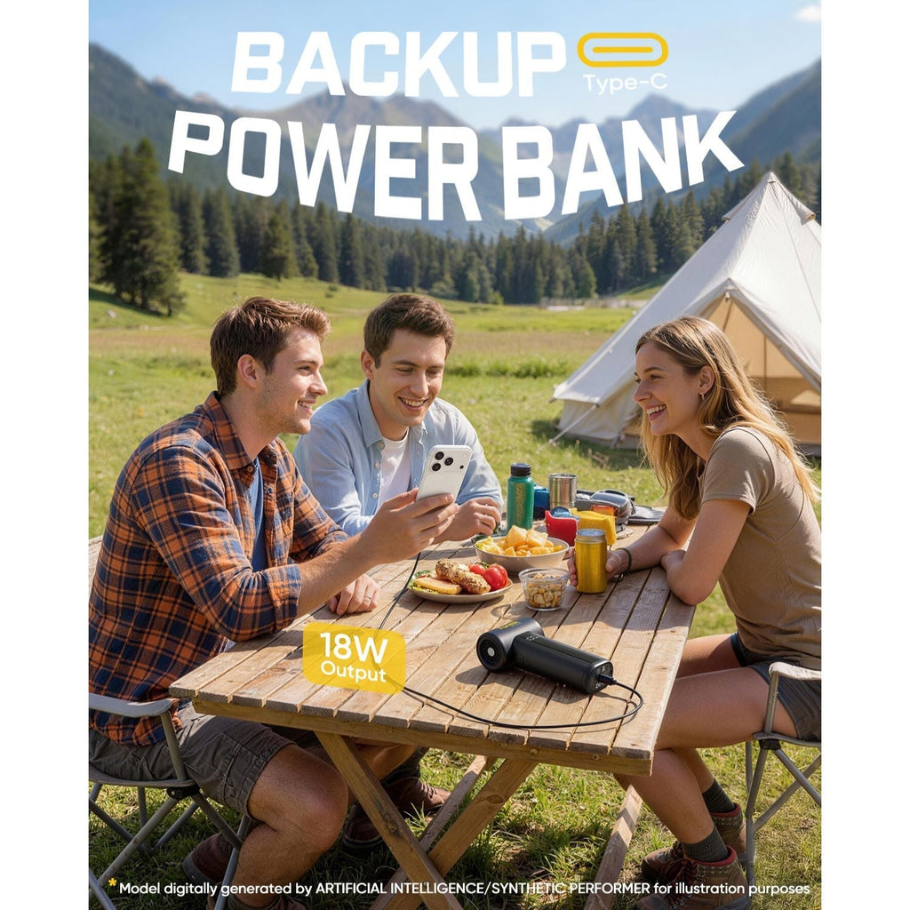 Three people sitting at a picnic table in a mountainous area with a power bank labeled 'Backup Power Bank' displayed.
