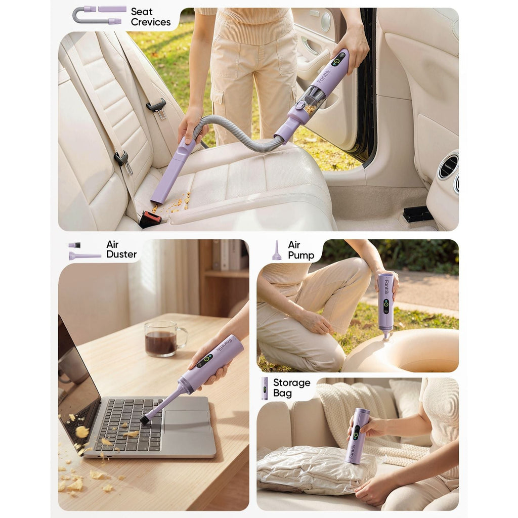 Multifunctional cleaning tool being used in various settings such as car, desk, and sofa.