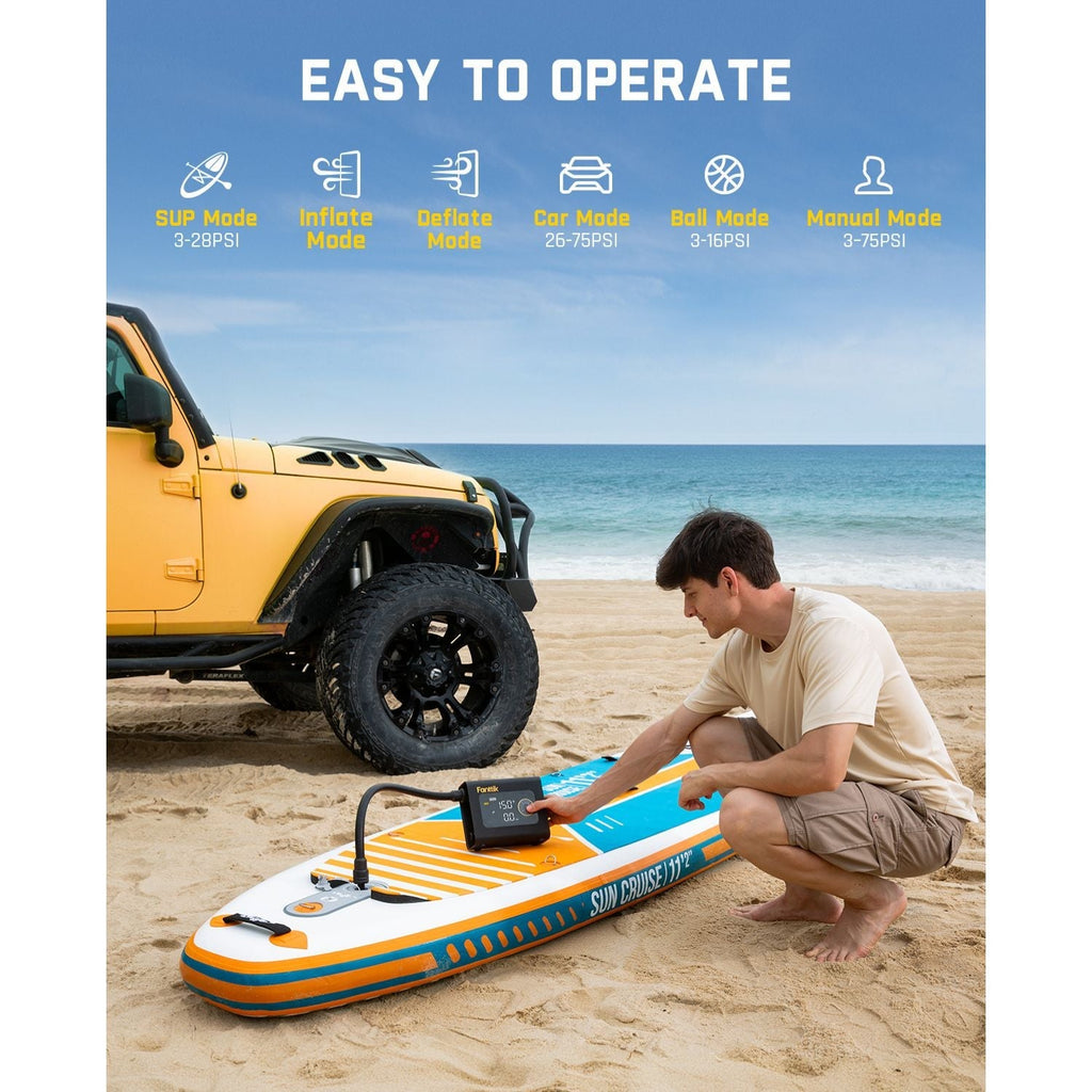 Man operating Fanttik X9 Cross paddle board air pump on a beach next to a yellow Jeep. Features SUP, Car, and Ball modes.
