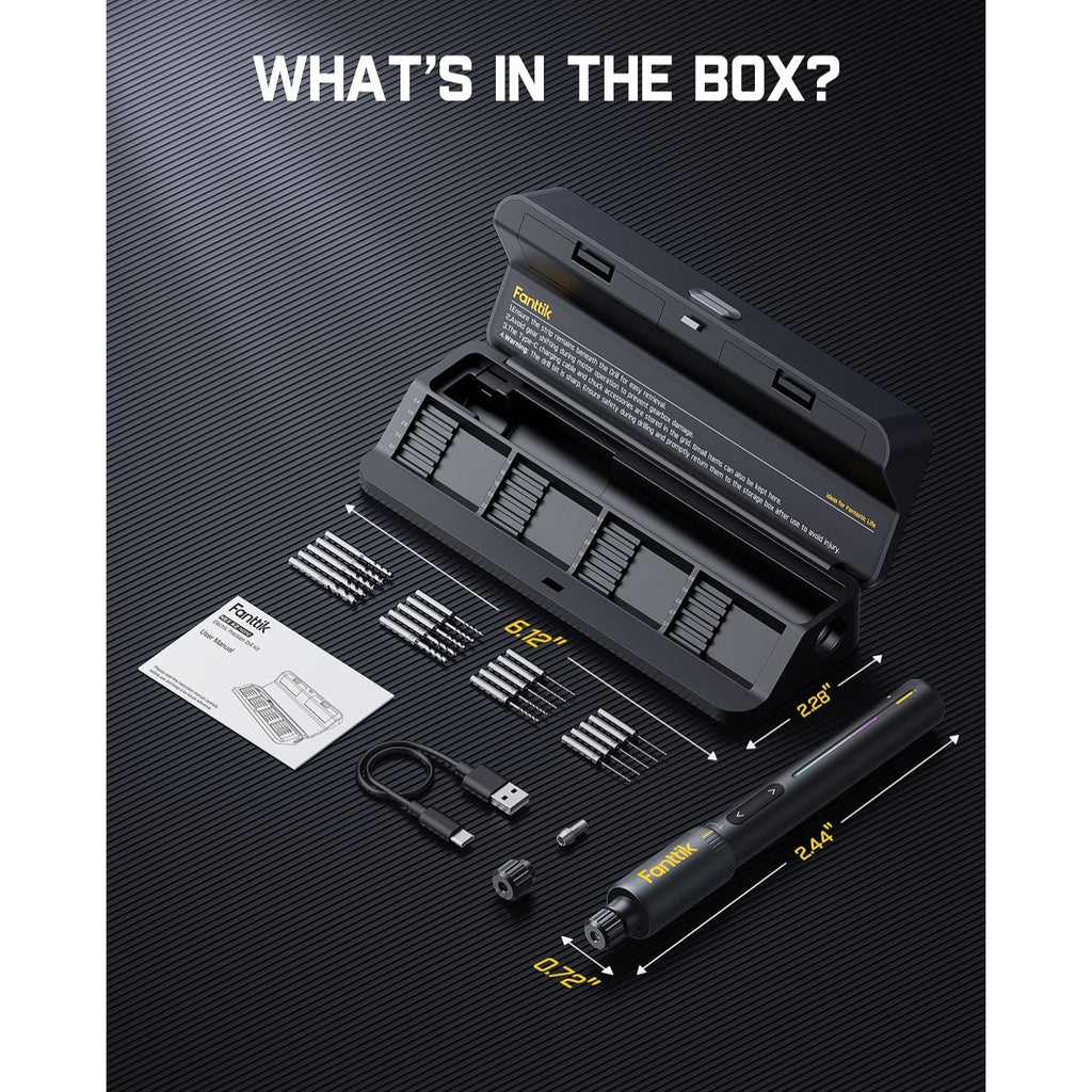 Fanttik K2 Nano precision power drill kit contents: drill, 20 HSS drill bits, USB-C cable, manual