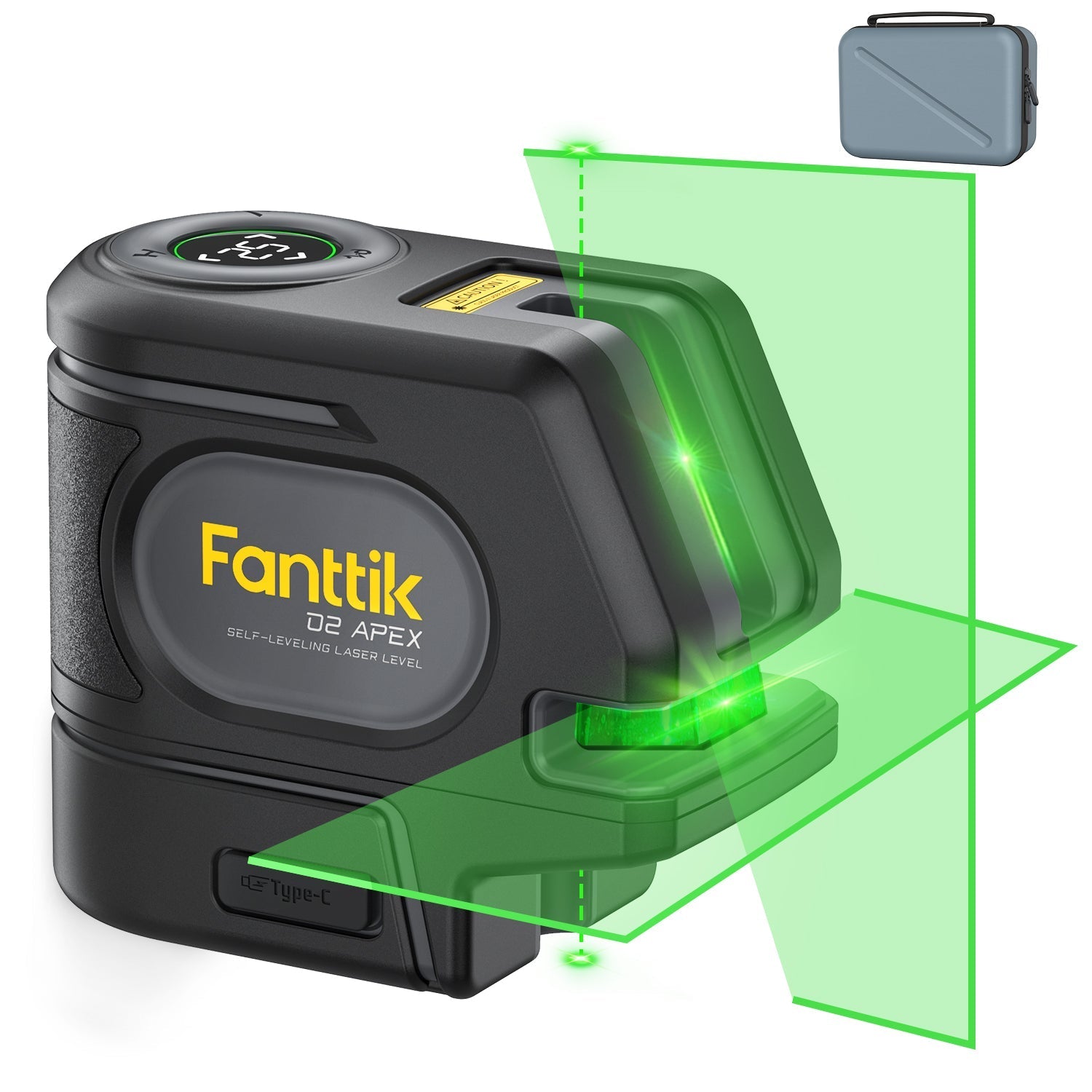 Fanttik D2 APEX self-leveling laser level with green laser lines and carrying case