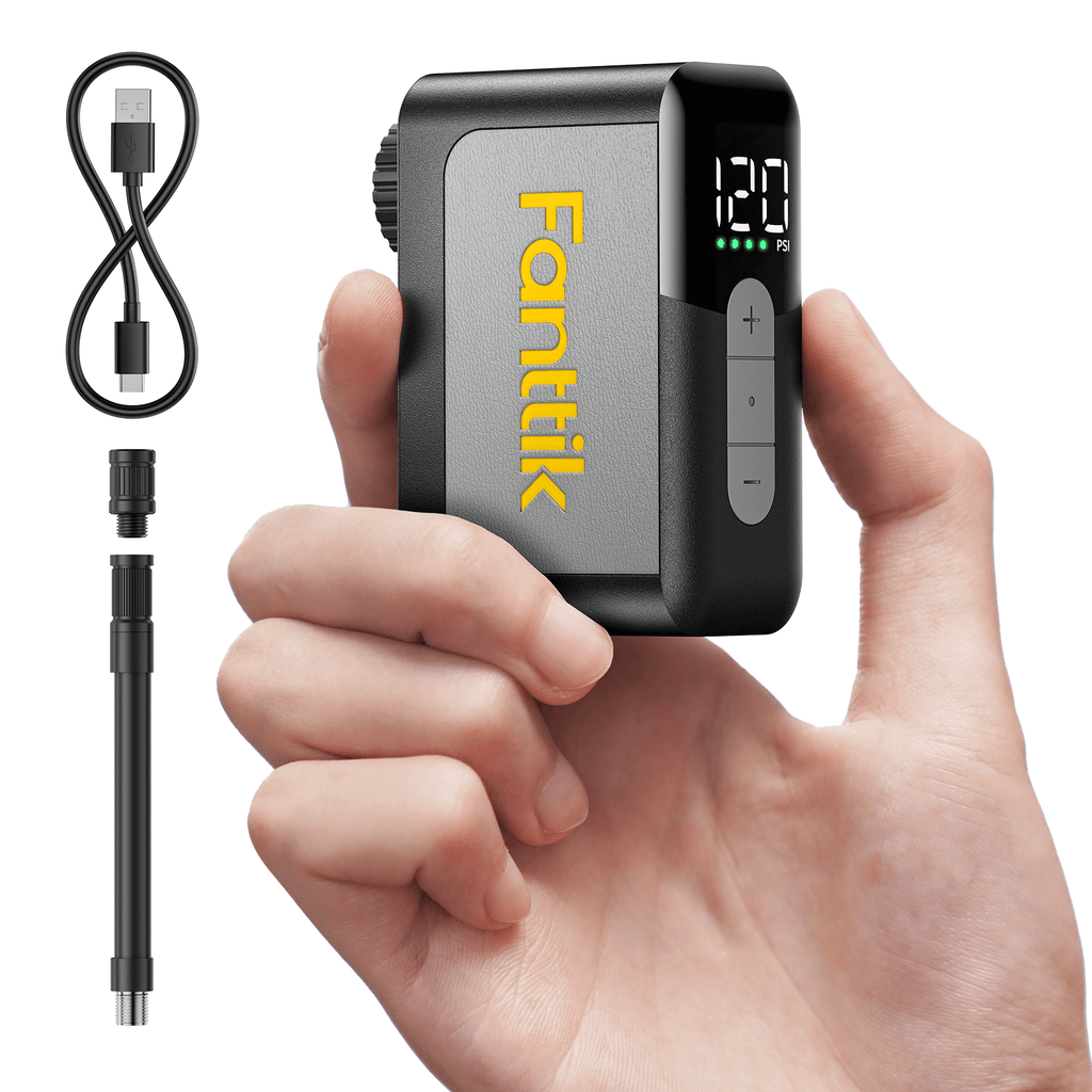 Fanttik X10 Ace Mini Bike Pump with USB-C cable and tire hose, showing 120 PSI display.
