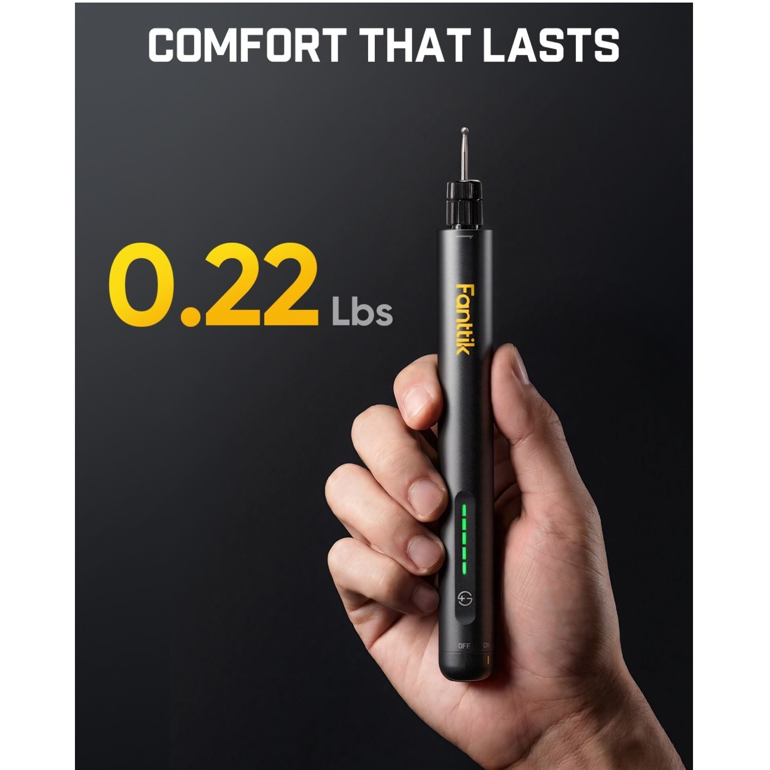Fanttik cordless rotary tool held in hand, lightweight 0.22 lbs, black ergonomic pen design