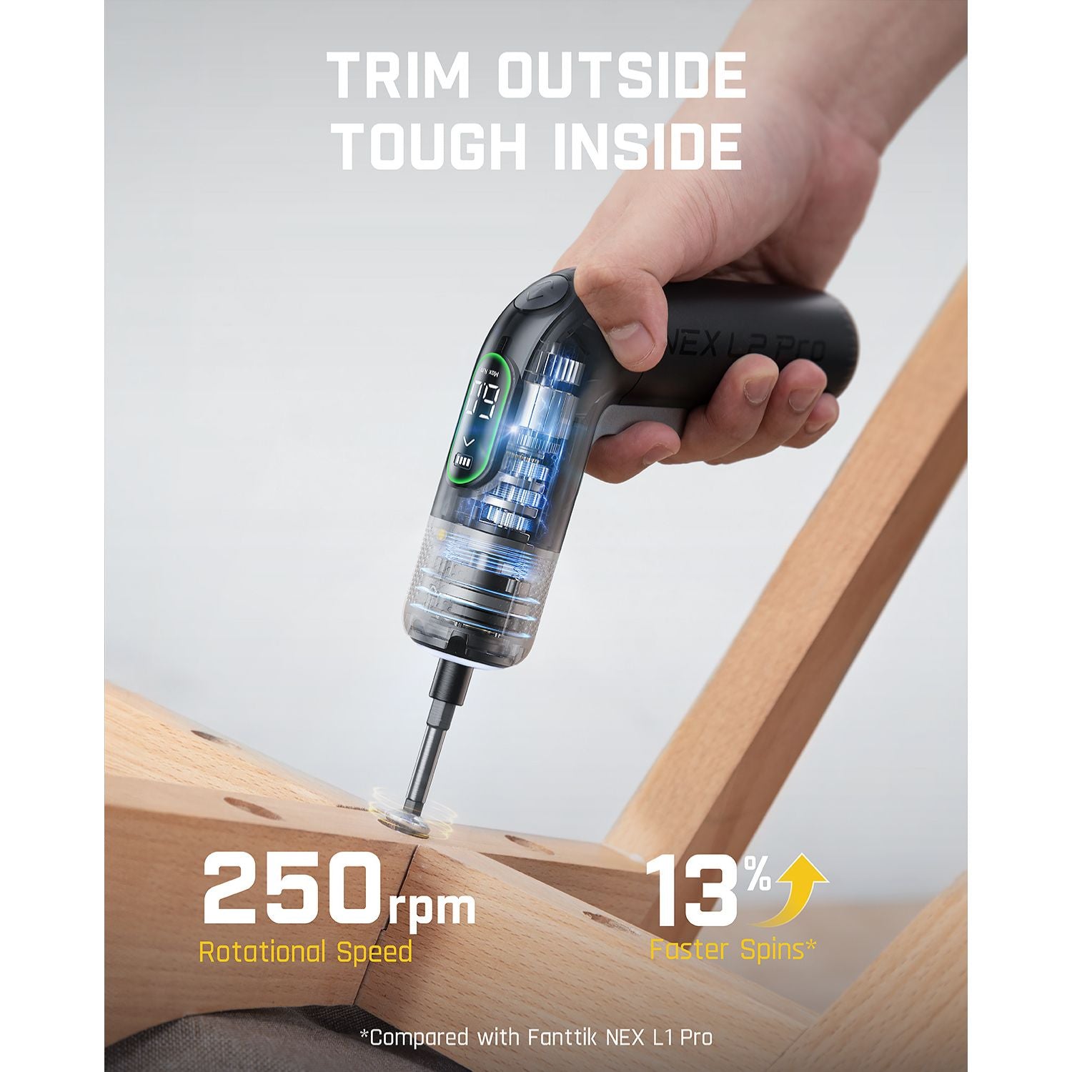 Fanttik L2 Pro screwdriver, 250 rpm, 13% faster spins for furniture assembly.