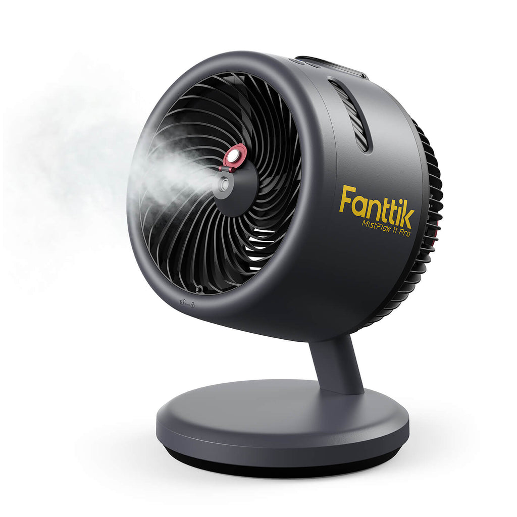 Fanttik MistFlow 100 Pro portable misting fan in dark gray with base, cooling mist stream