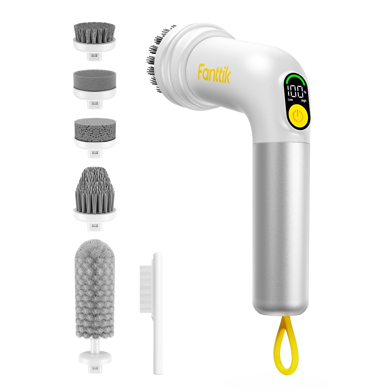 Fanttik G9 Handy electric spin scrubber with 5 interchangeable brush heads and LED display for cleaning tasks.