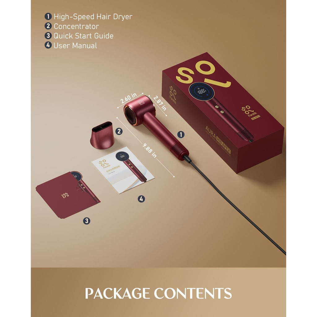 FanttikSolo Aura H10 APEX Hair Dryer package contents: hair dryer, concentrator, quick start guide, user manual.