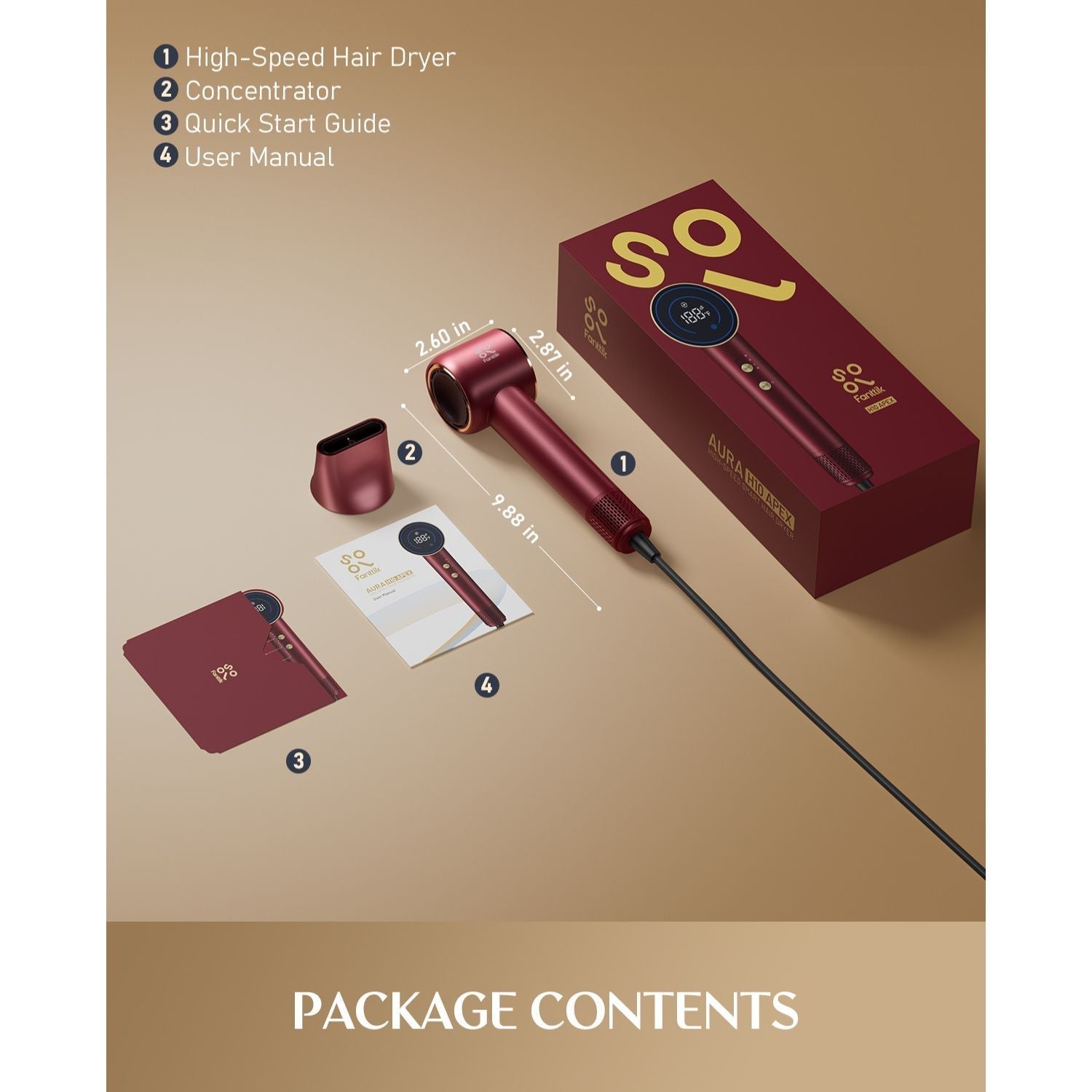 FanttikSolo Aura H10 APEX Hair Dryer package contents: hair dryer, concentrator, quick start guide, user manual.
