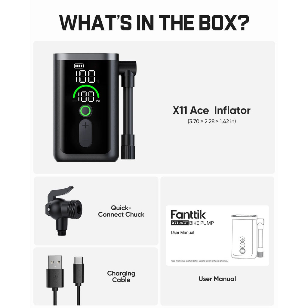 Fanttik X11 Ace bike pump with quick-connect chuck, charging cable, and user manual