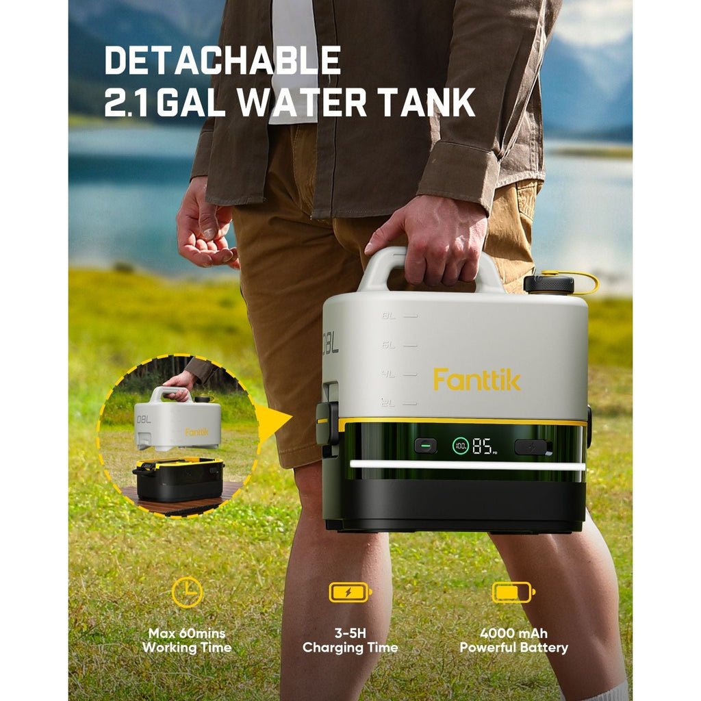 Person holding a Fanttik NB10 Nano Portable Cordless Electric Sprayer with text highlighting features, outdoors.