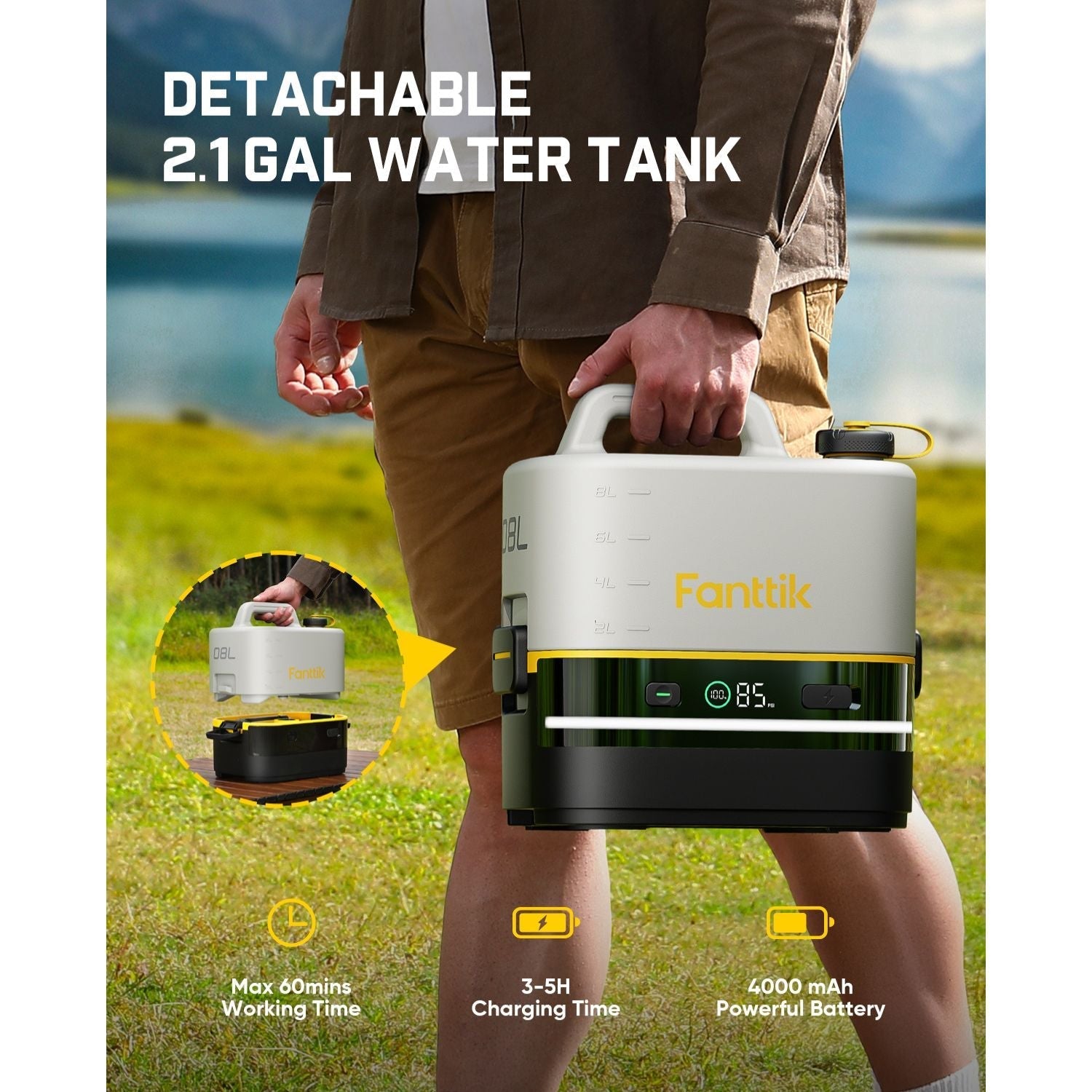 Person holding a Fanttik NB10 Nano Portable Cordless Electric Sprayer with text highlighting features, outdoors.