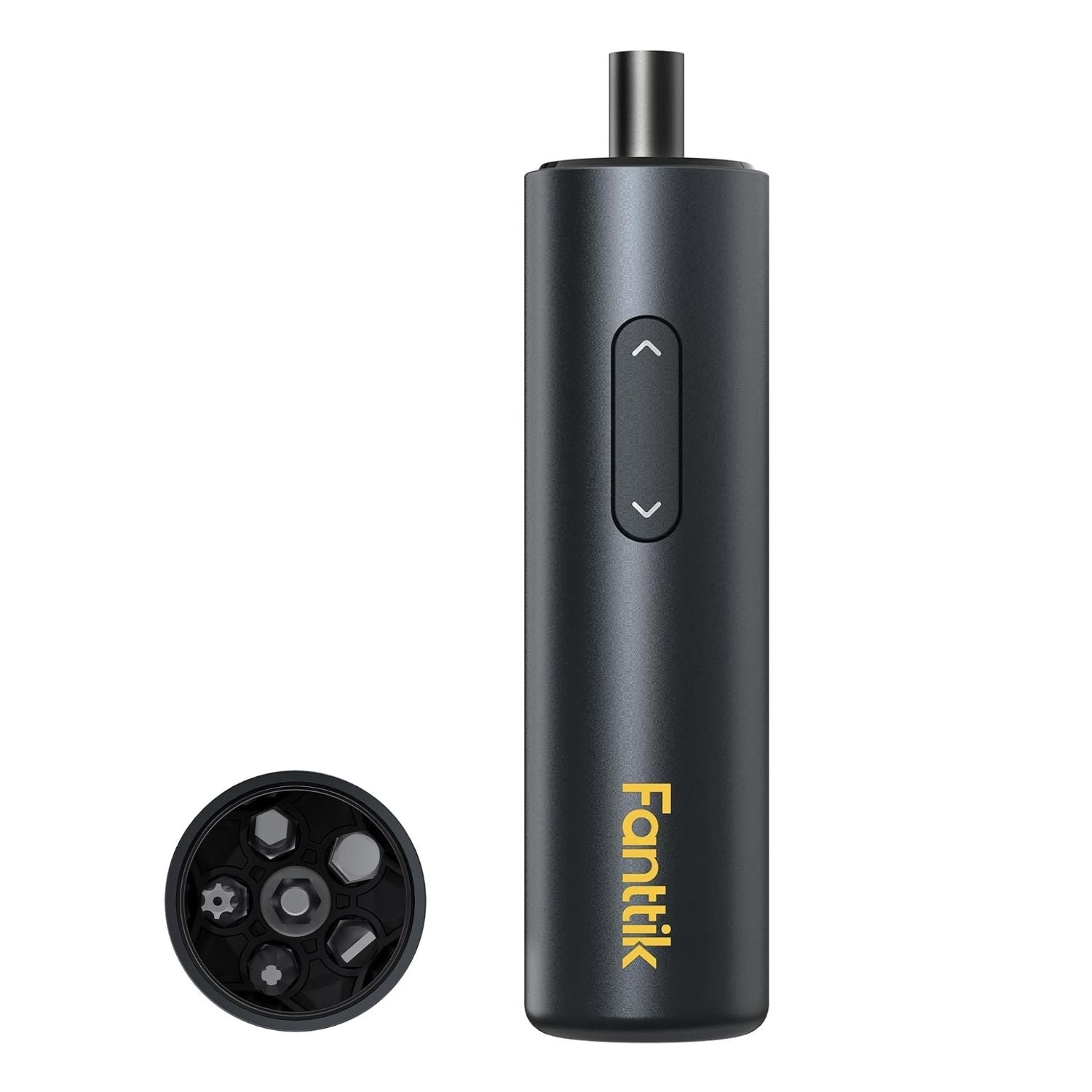Fanttik S1 Capsule cordless screwdriver in gray with magnetic bit storage cap showing various screwdriver bits.