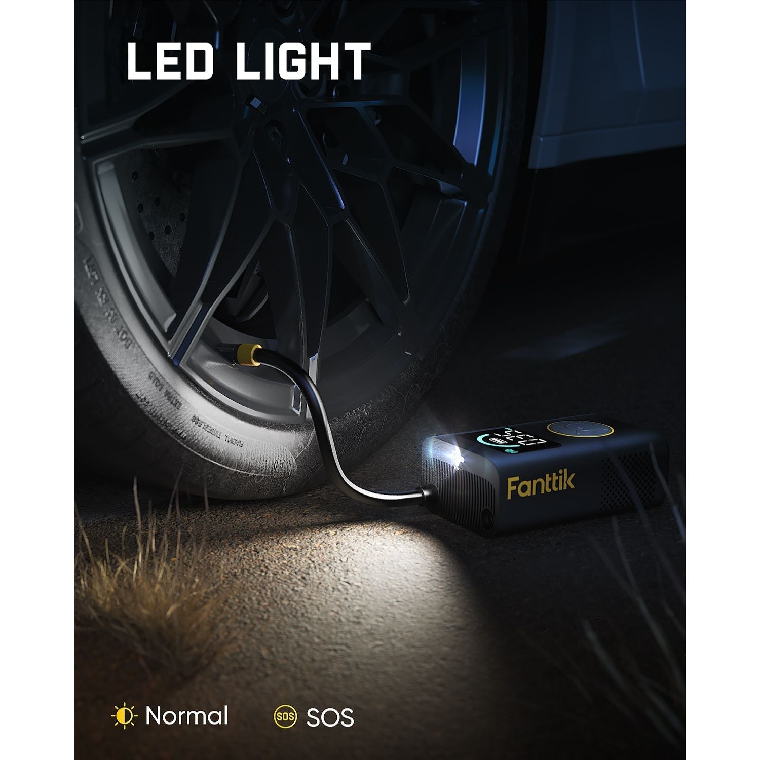 Fanttik X10 Pro tire inflator with LED light and SOS mode inflating a car tire