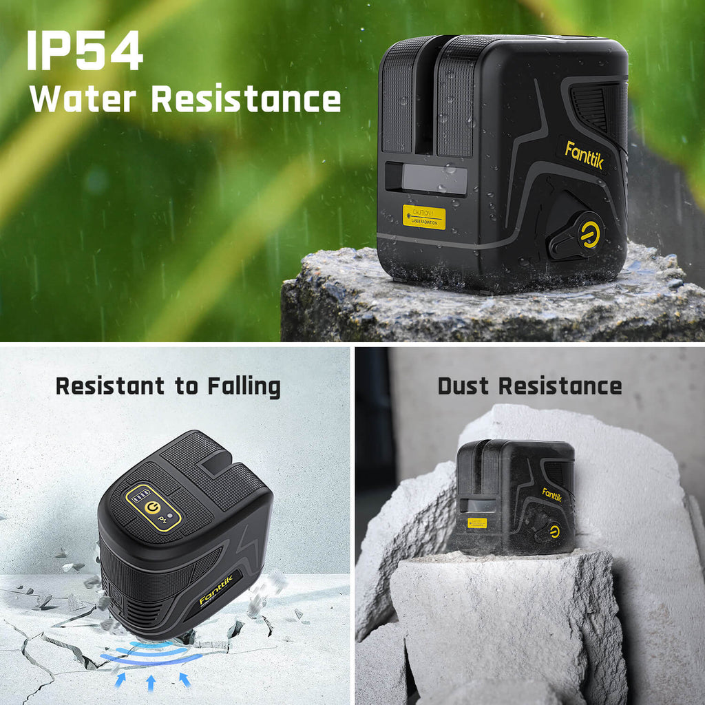 Fanttik D2 PLUS laser level featuring IP54 water resistance, dust resistance, and drop protection.