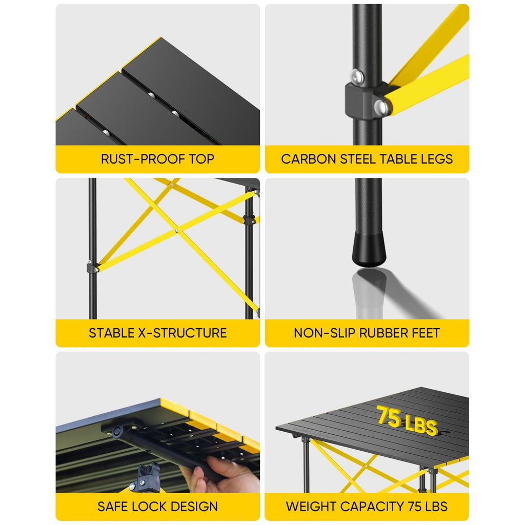 FanttikOutdoor camping table features rust-proof top, carbon steel legs, stable X-frame, lock design, and 75 lb capacity