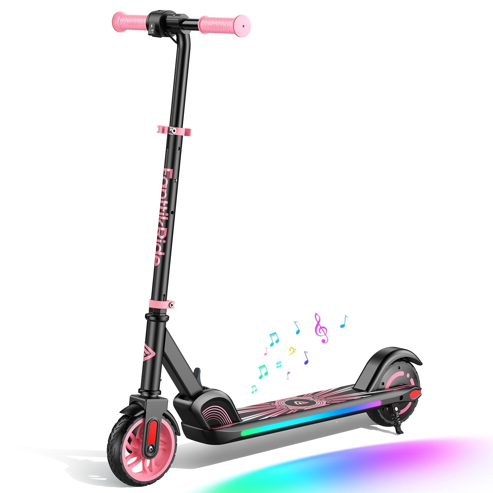 Pink FanttikRide C9 Apex electric scooter for kids with light-up deck and music notes.