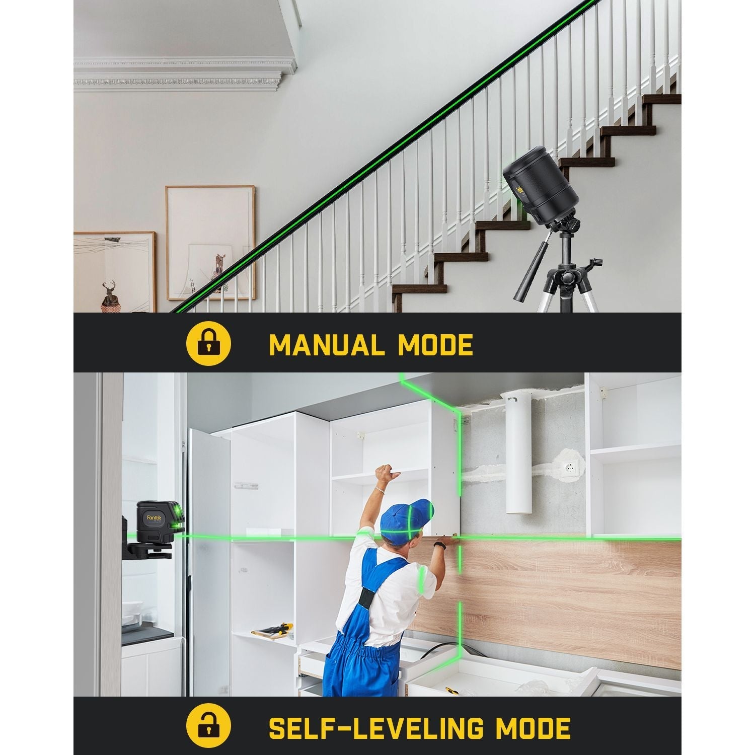 Fanttik D2 APEX Laser Level: Manual mode on staircase, self-leveling mode for cabinet installation.