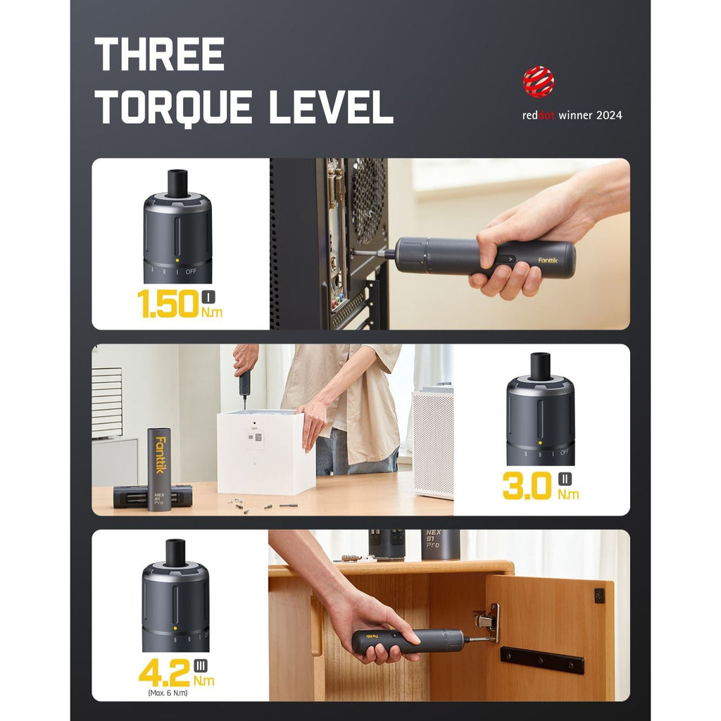 Fanttik S1 Pro cordless electric screwdriver with 1.5, 3.0, and 4.2 N.m torque settings, red dot winner 2024