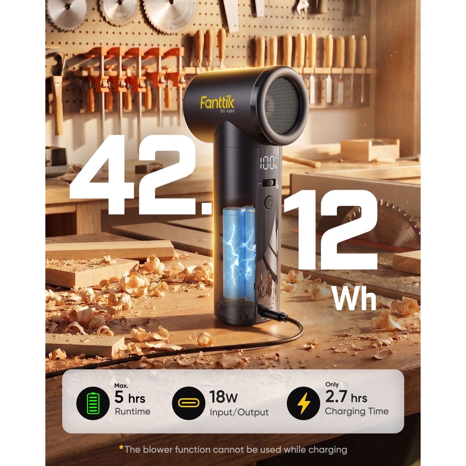 Fanttik B11 Apex Electric Air Duster with power specifications on a workshop background
