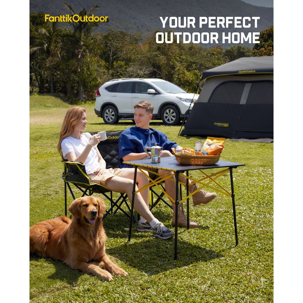FanttikOutdoor Zeta L11 Duo Pro double camping chair at a campsite with a folding table