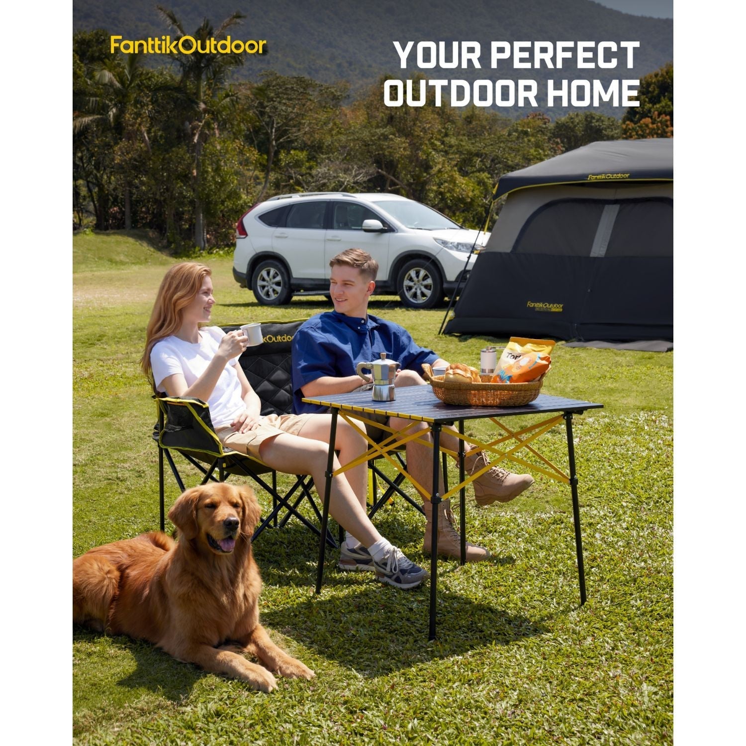 FanttikOutdoor Zeta L11 Duo Pro double camping chair at a campsite with a folding table