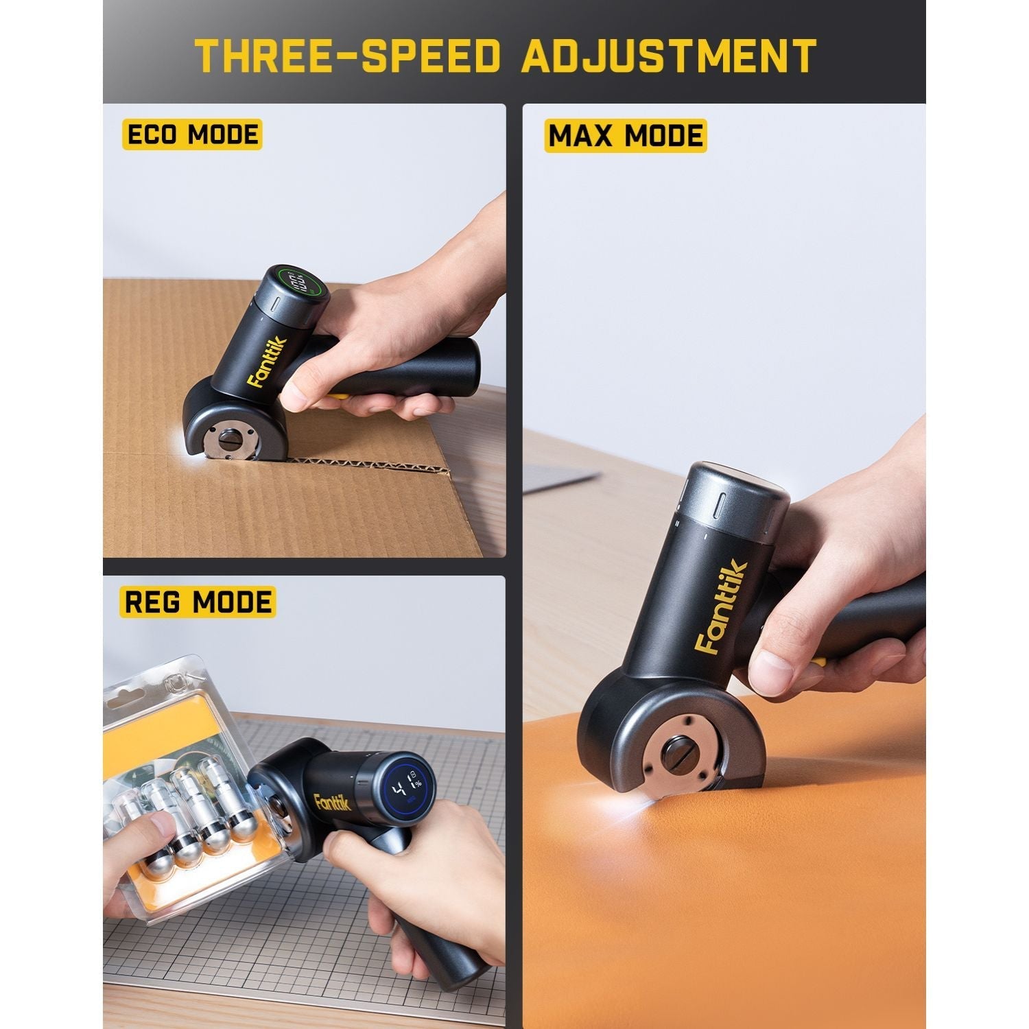 Fanttik C8 Nano cordless electric scissors in Eco, Reg, and Max modes cutting cardboard, accessories, and orange material.