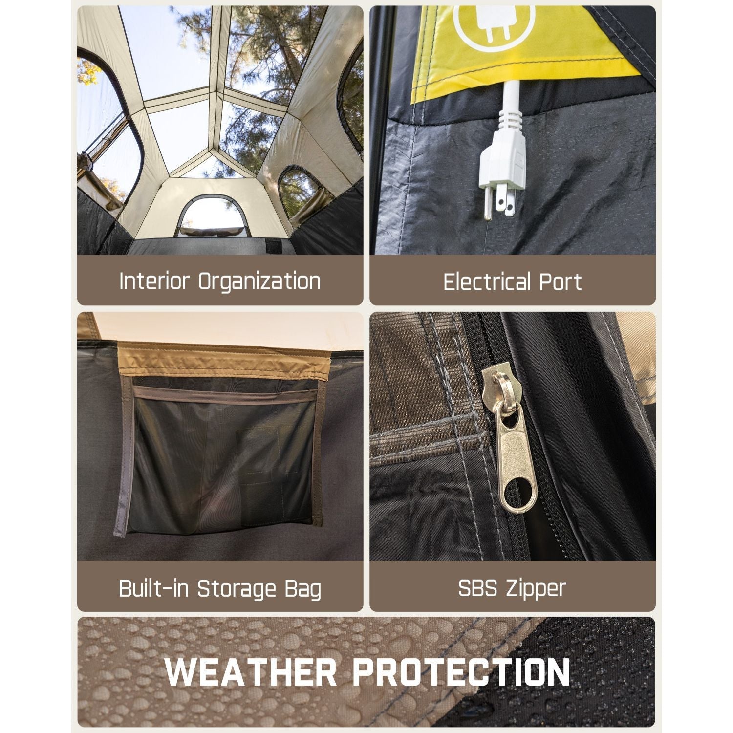 FanttikOutdoor Zeta C10 Pro Max 10 Person Tent: interior, electrical port, storage bag, SBS zipper, weather protection.