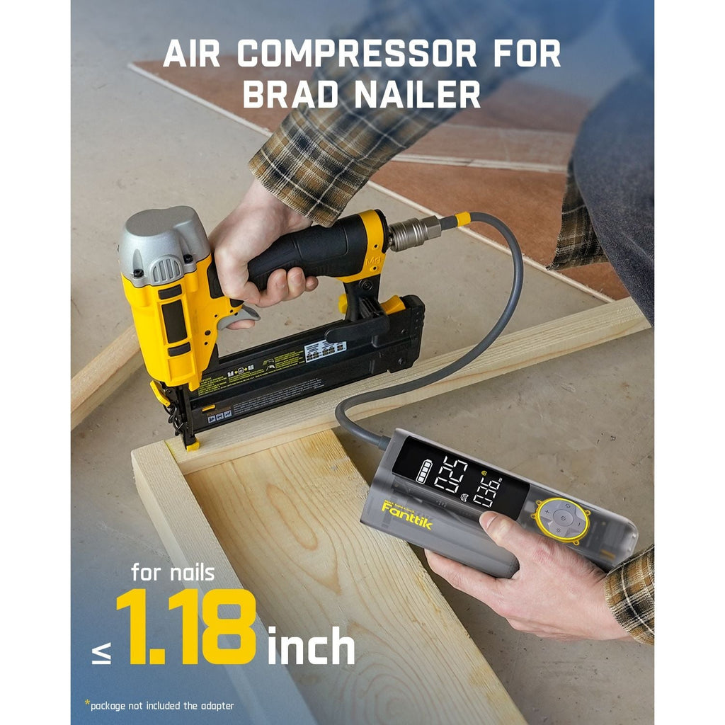 Fanttik X8 APEX tire inflator shown as an air compressor for a brad nailer, capable of using nails up to 1.18 inches.