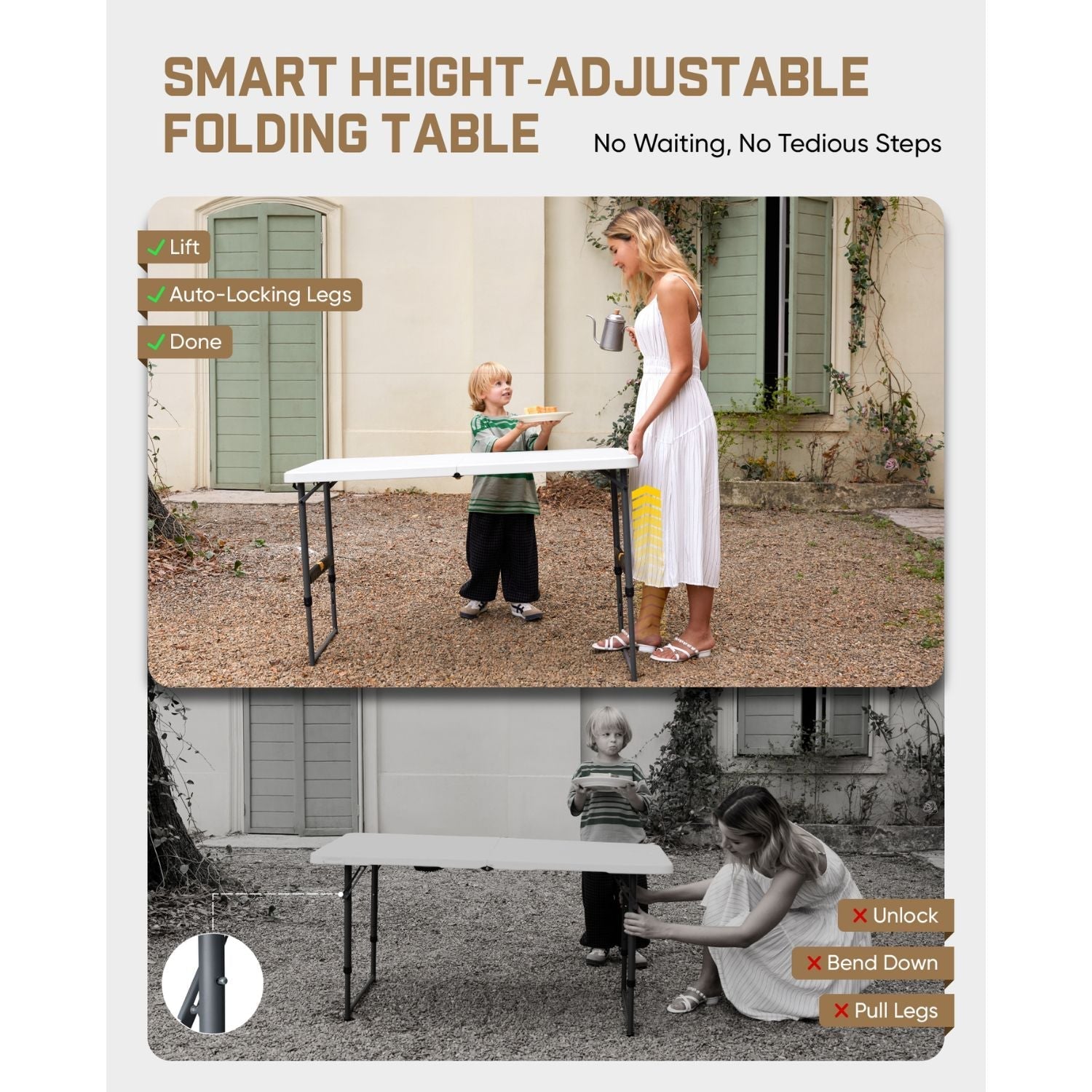 FanttikOutdoor height-adjustable folding table with quick lift and auto-locking legs
