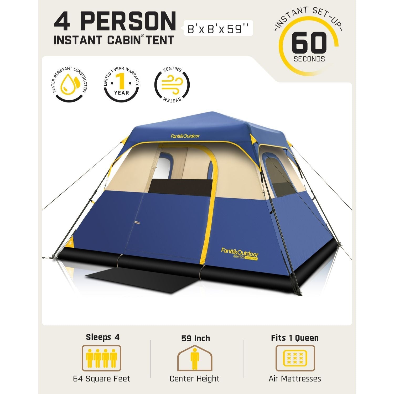 FanttikOutdoor Zeta C4 Pro blue 4-person instant tent. 8'x8'x59". 60-sec setup, 1-year warranty, water-resistant.