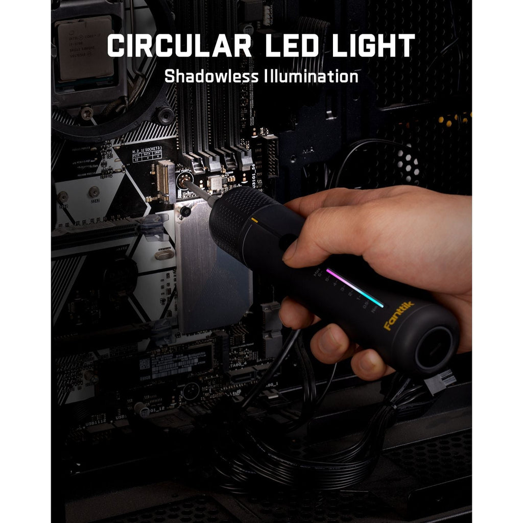 Fanttik S2 Pro screwdriver with circular LED light illuminates computer motherboard for shadowless assembly.