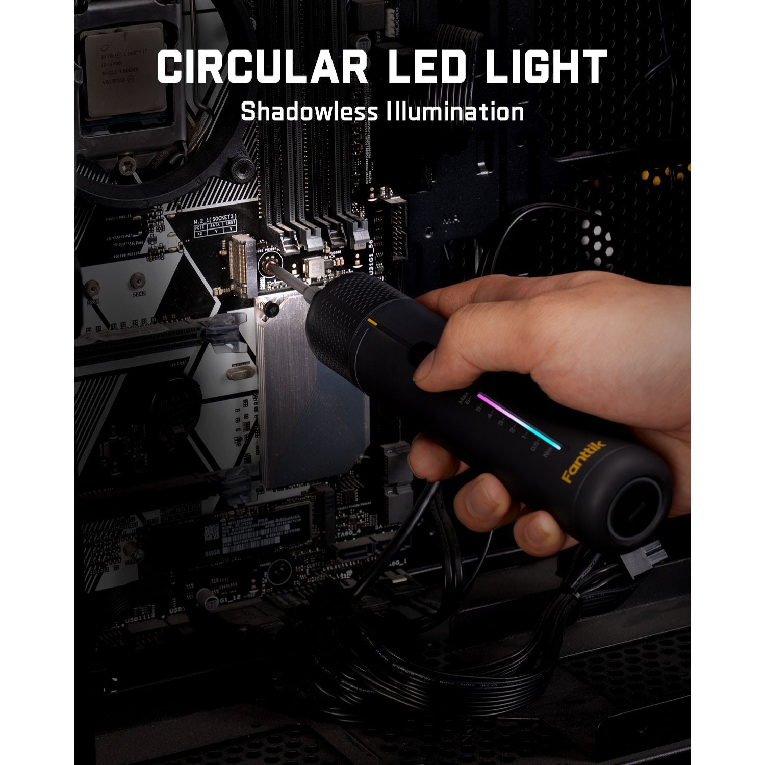 Fanttik S2 Pro screwdriver with circular LED light illuminates computer motherboard for shadowless assembly.