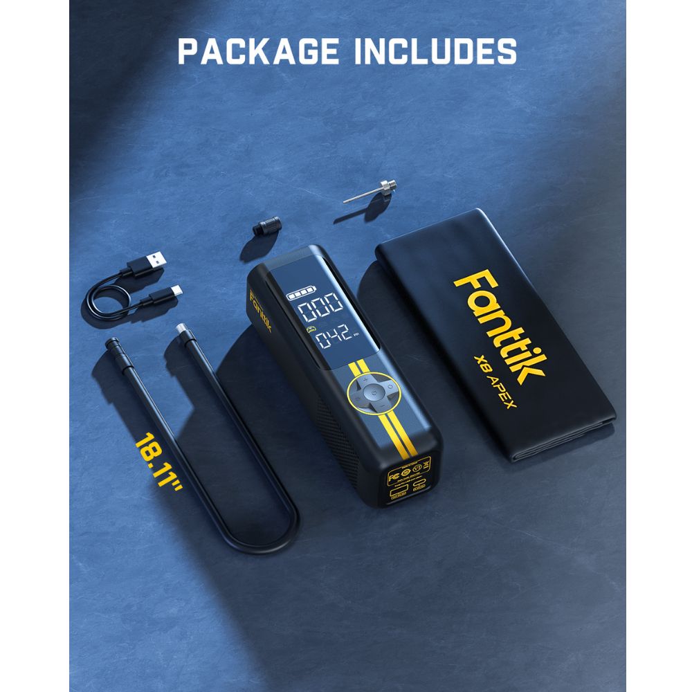 Fanttik X8 APEX EV tire inflator package includes compressor, 18.11-inch hose, USB cable, and nozzles
