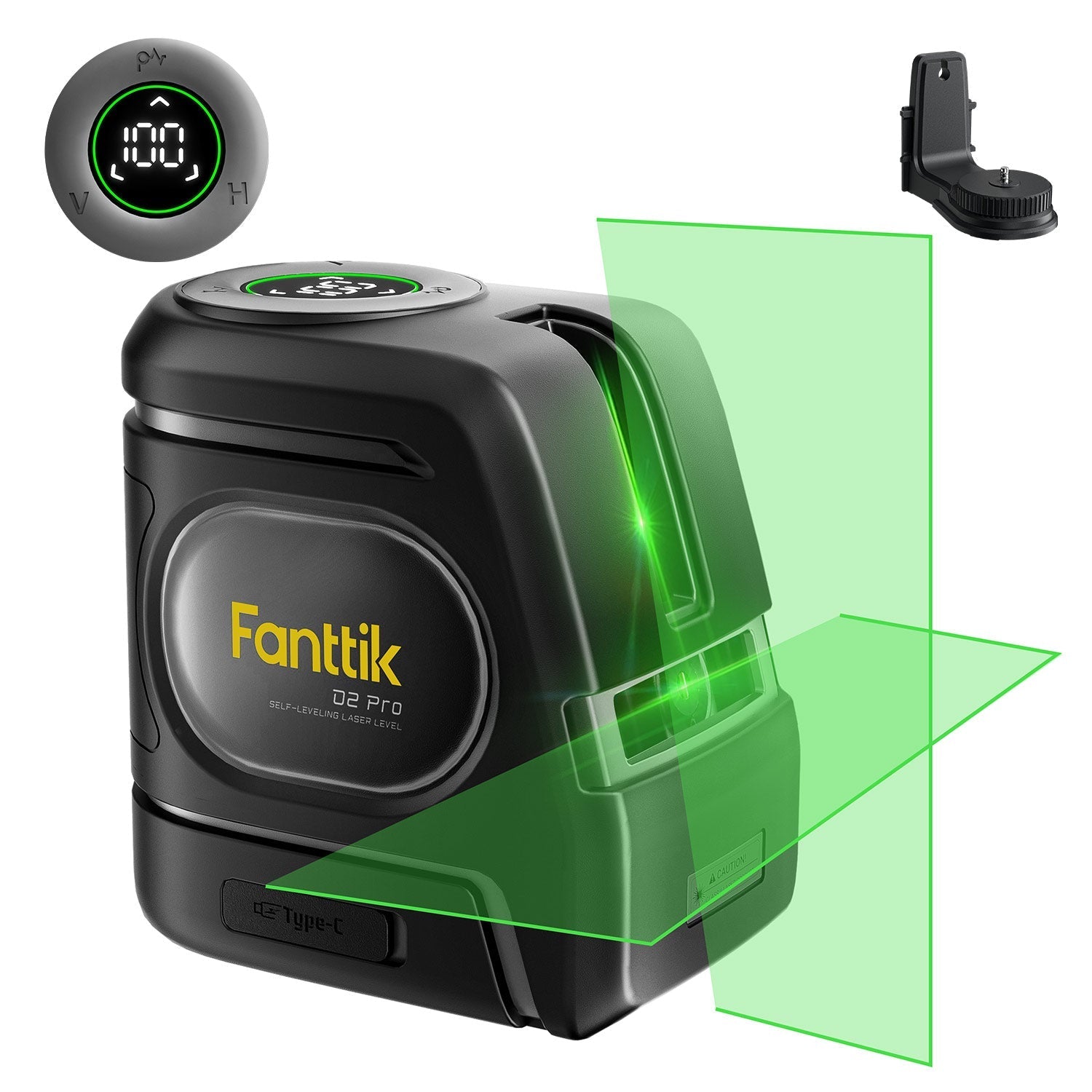 Fanttik D2 PRO self-leveling laser level with green cross lines and digital display. Includes mounting bracket.