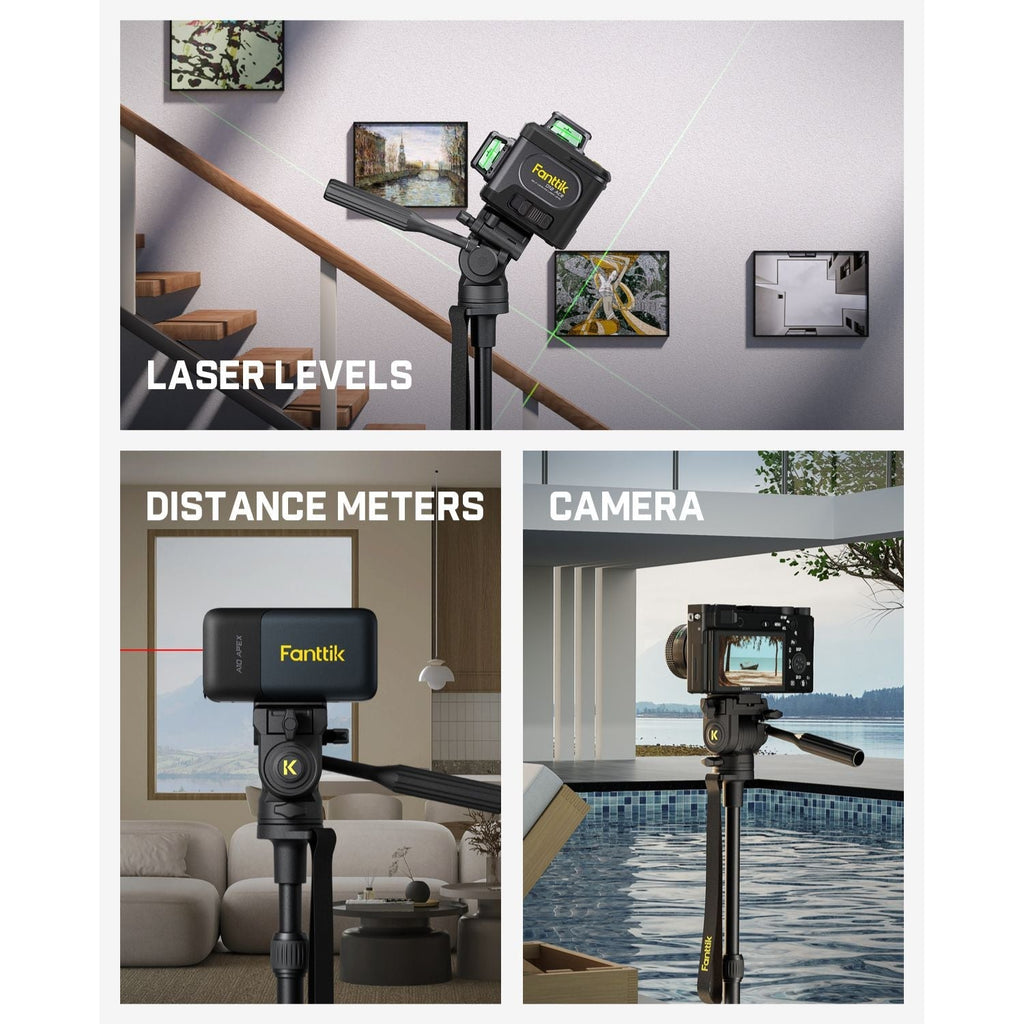 Fanttik tripod supporting laser level, distance meter, and camera. Versatile accessory for DIY and photography.
