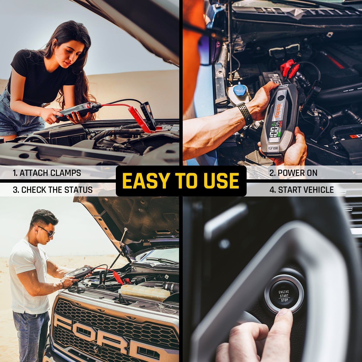 Fanttik T8 APEX jump starter guide: Attach clamps, power on, check status, start vehicle. Easy car jump starting.