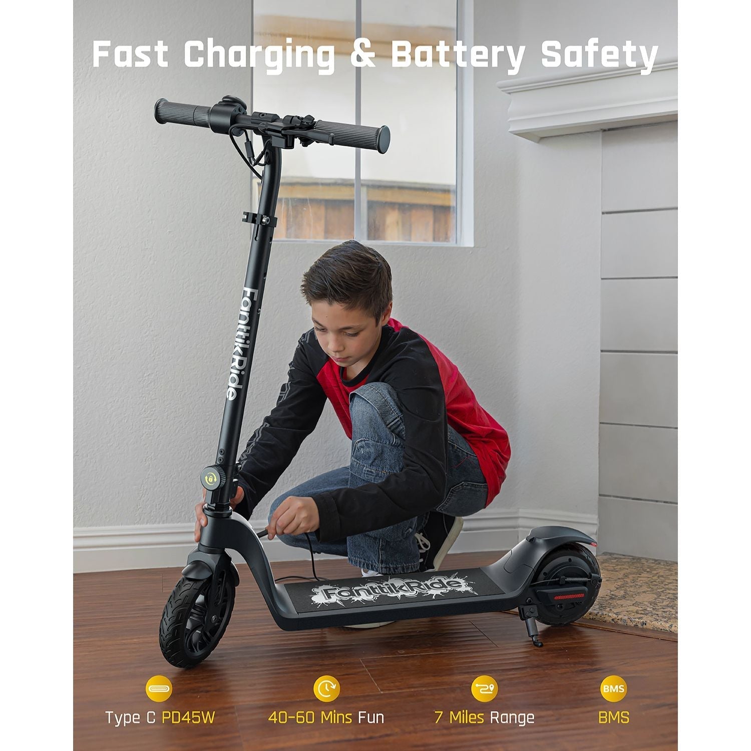 FanttikRide T10 electric scooter for kids with Type C fast charging, 7-mile range, and 40-60 mins fun.