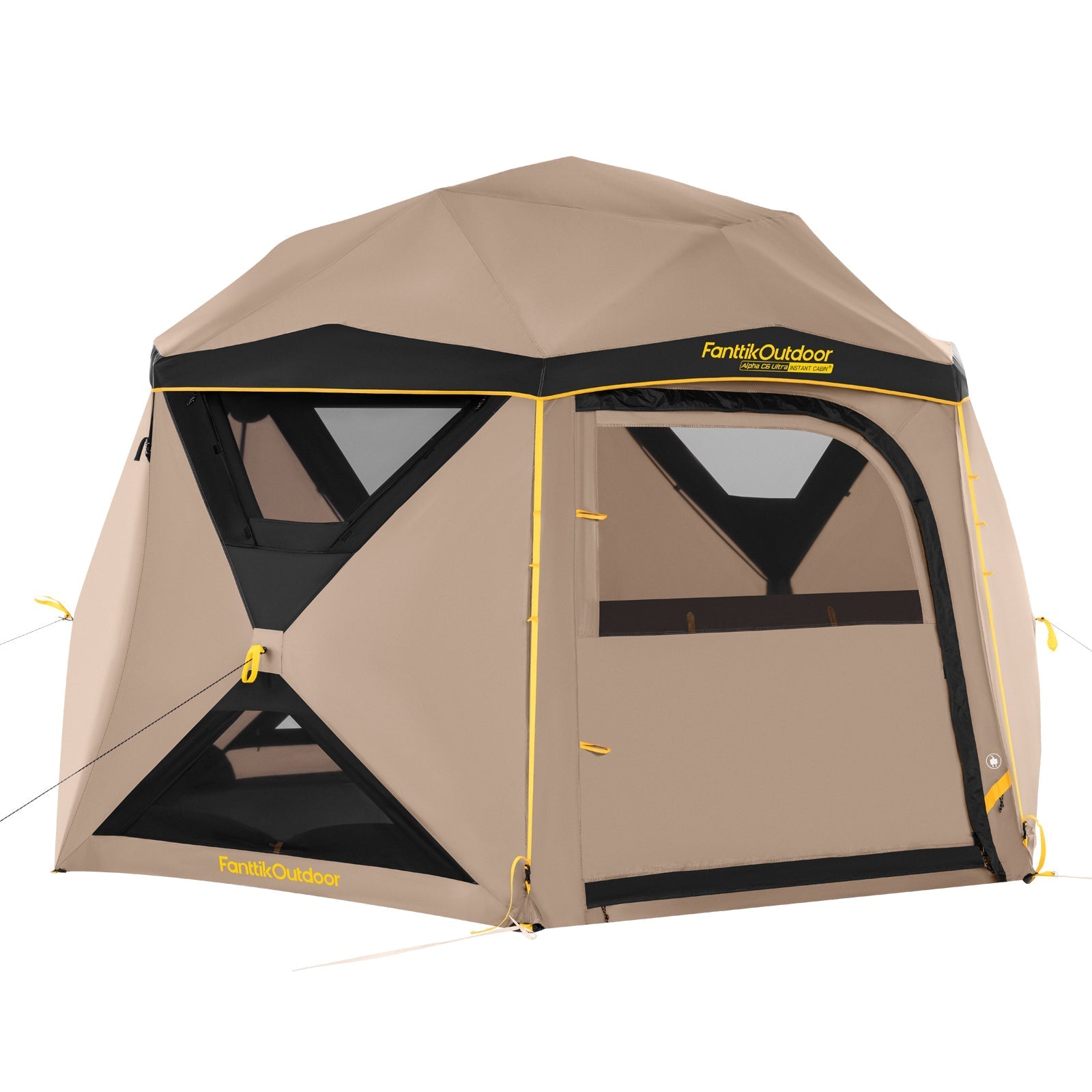 FanttikOutdoor Alpha C6 Ultra instant cabin tent, tan, 6-person, with mesh windows, ideal for camping.