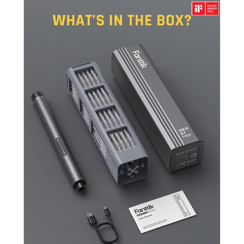 Fanttik E1 Max precision electric screwdriver set with 50 metal bits, USB-C cable, and user manual in box.