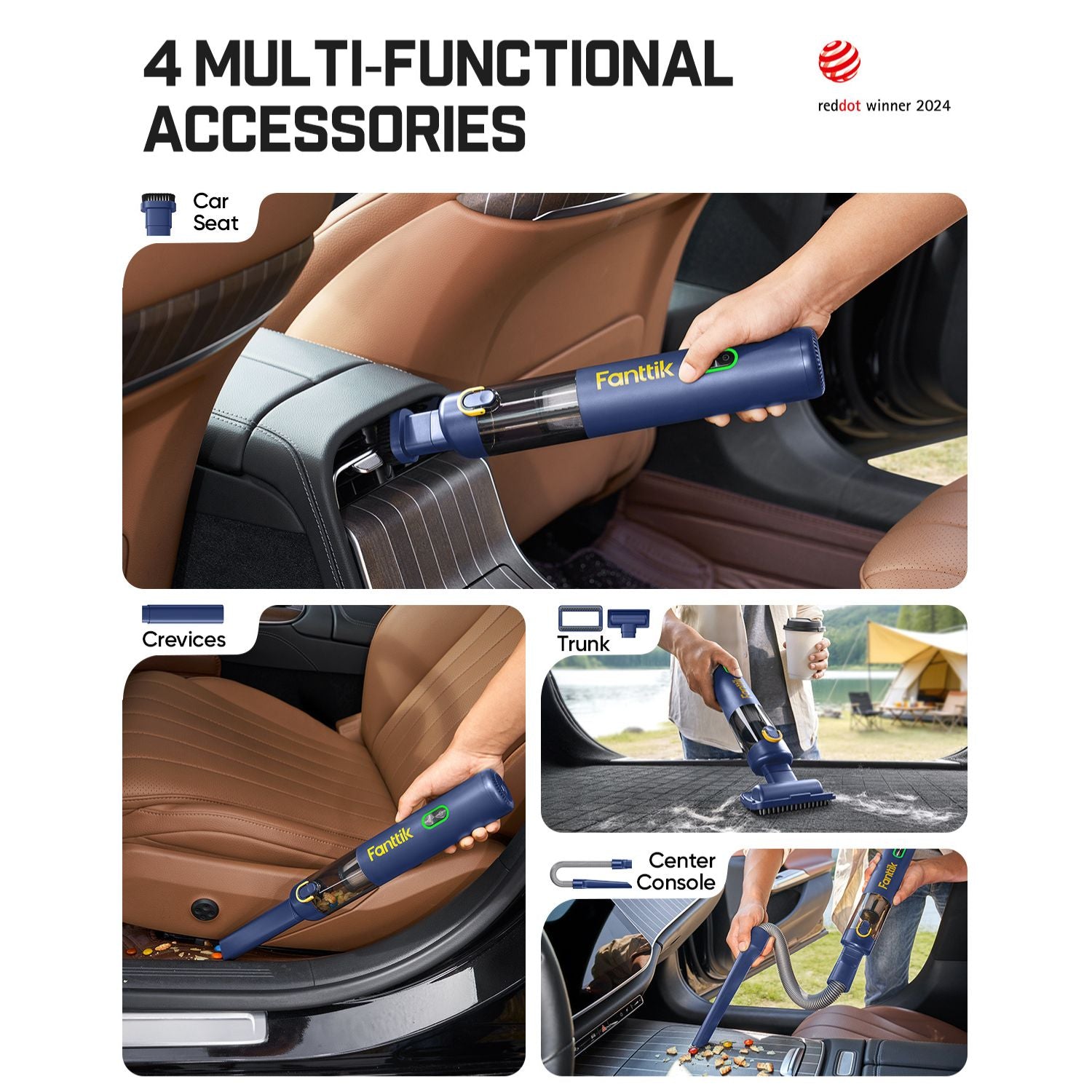 Fanttik V8 Mate cordless car vacuum with 4 multi-functional accessories for car cleaning