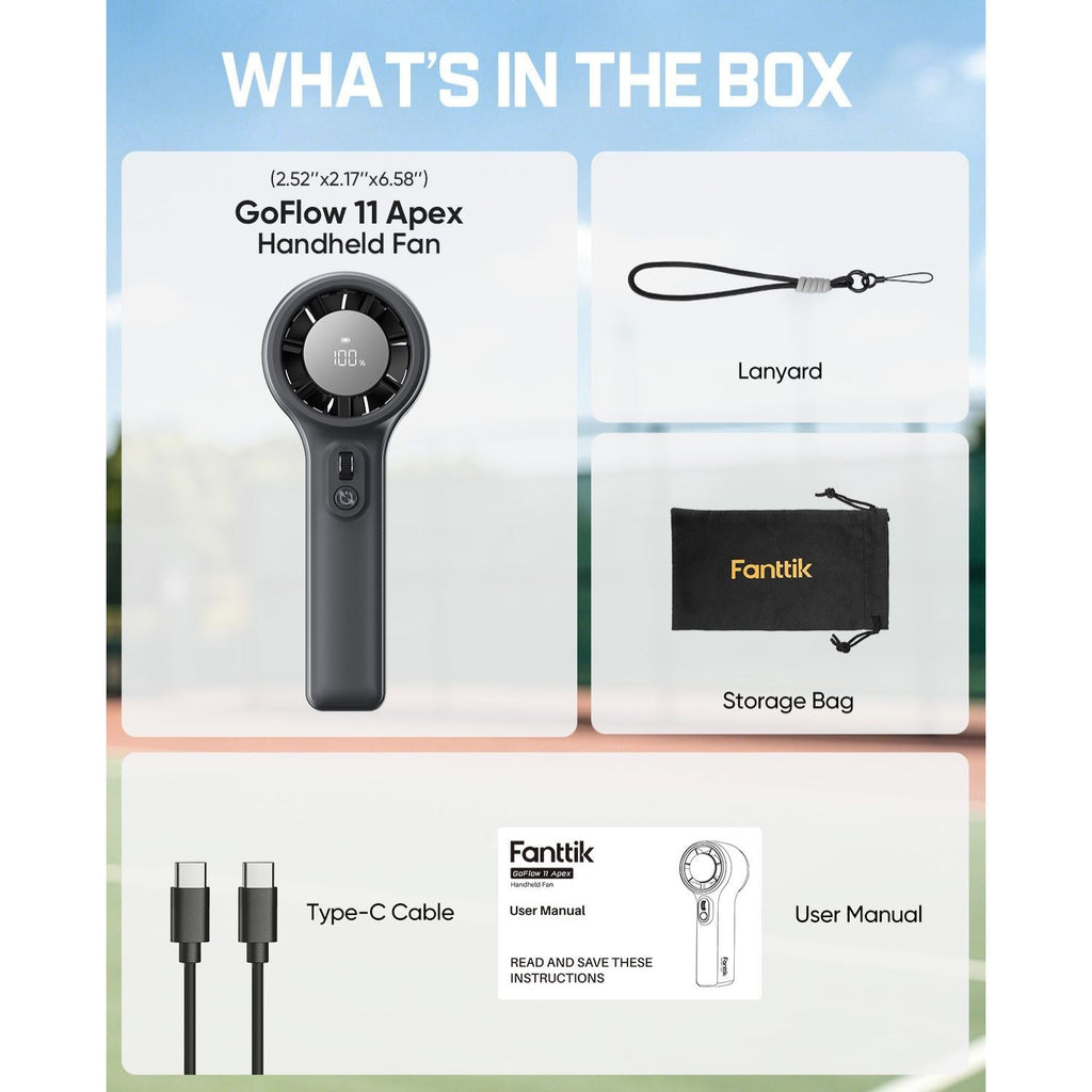 Product packaging with GoFlow 11 Apex Handheld Fan, Lanyard, Storage Bag, Type-C Cable, and User Manual.