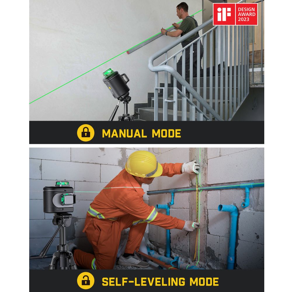 Fanttik D12 PRO laser level in manual mode on stairs and self-leveling mode in a construction site with green laser lines.