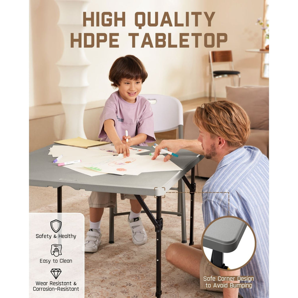 FanttikOutdoor Zeta S4 Pro 34" square table: HDPE top, safe corners, easy-clean. Father and son drawing.