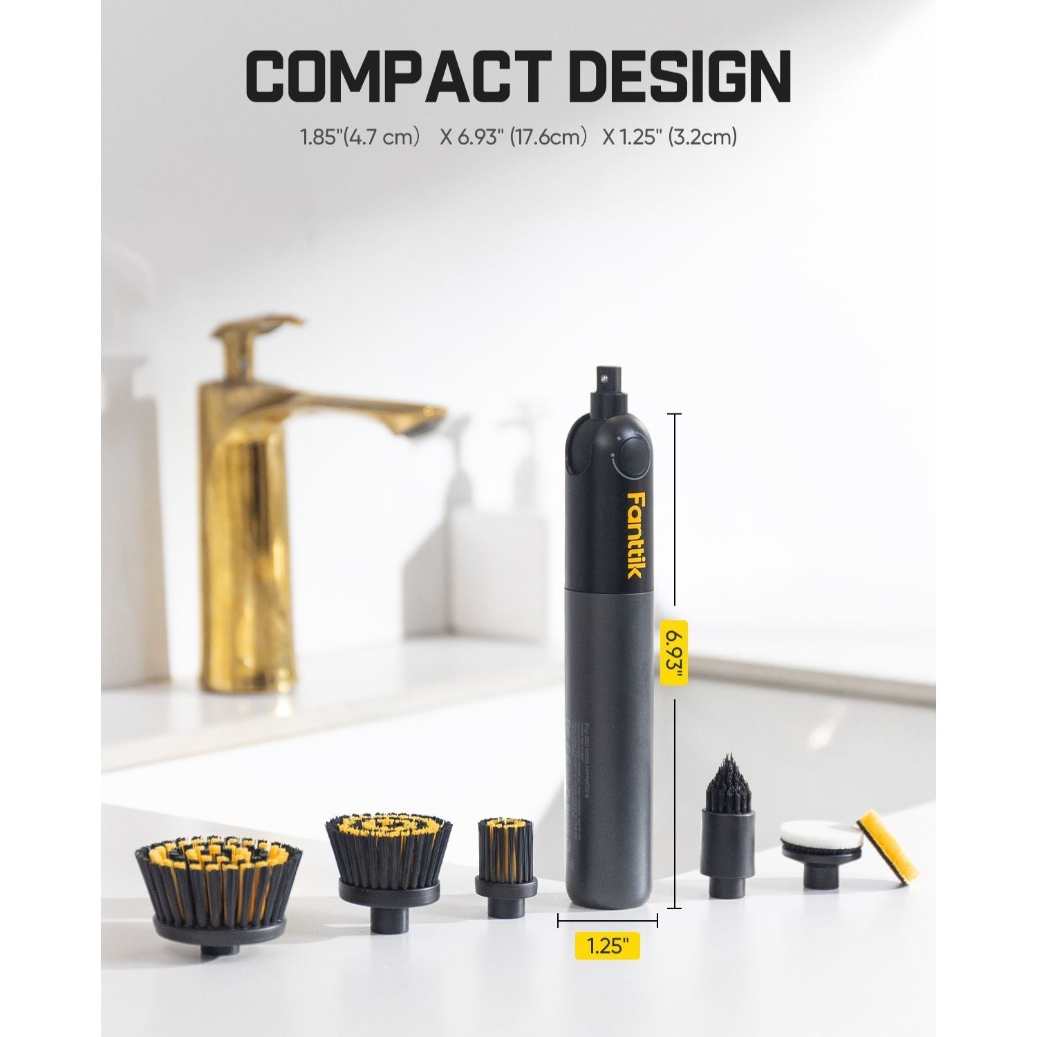 Fanttik Flip G10 Nano compact electric spin scrubber with brush attachments, 6.93 inches tall